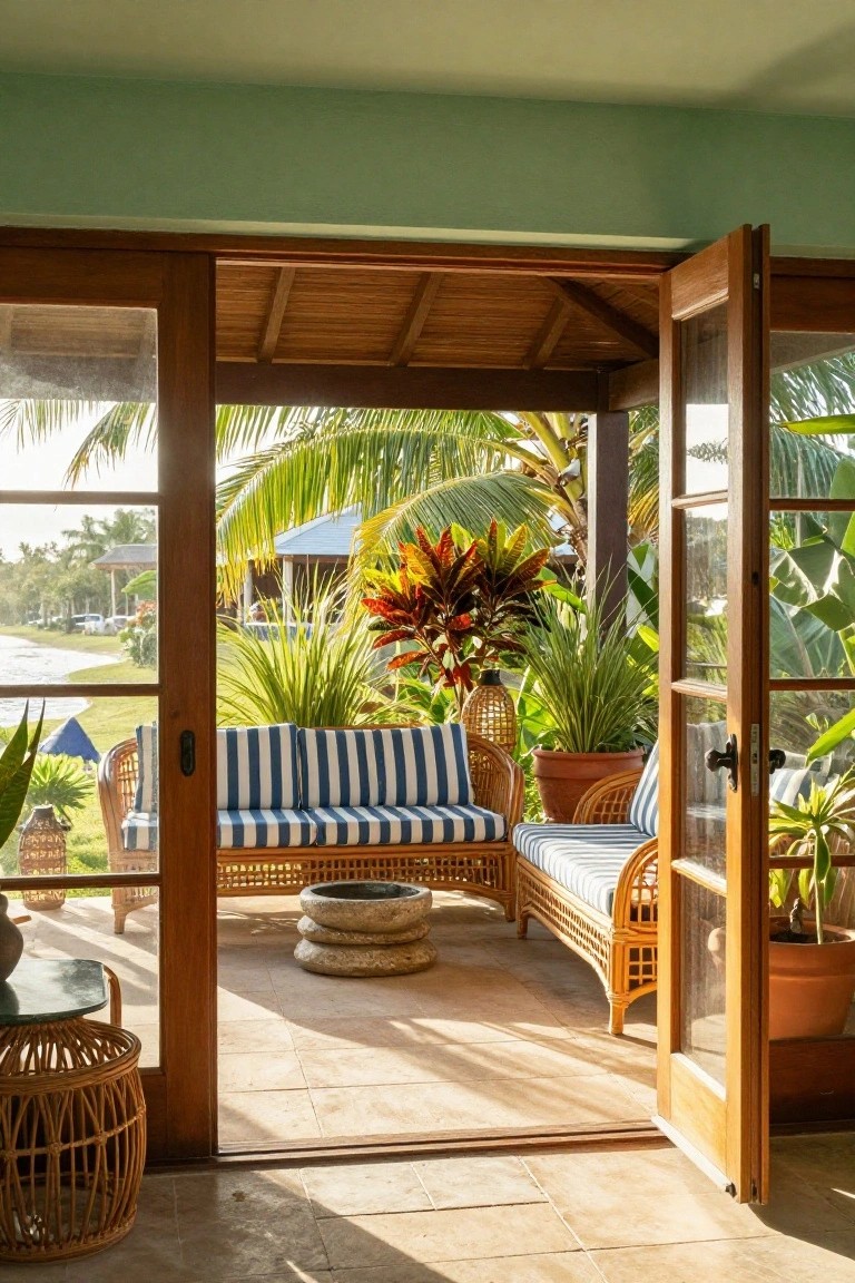 Open wooden doors reveal a covered porch with blue and white striped wicker sofas, a stone floor, and surrounding tropical plants.