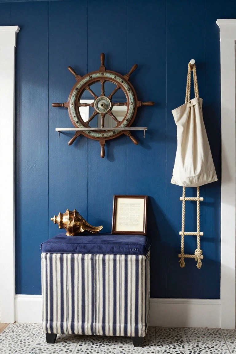 Navy blue wall with a ship's wheel shelf above a striped storage ottoman, a brass conch shell, a framed document, and a rope ladder holding a canvas tote.