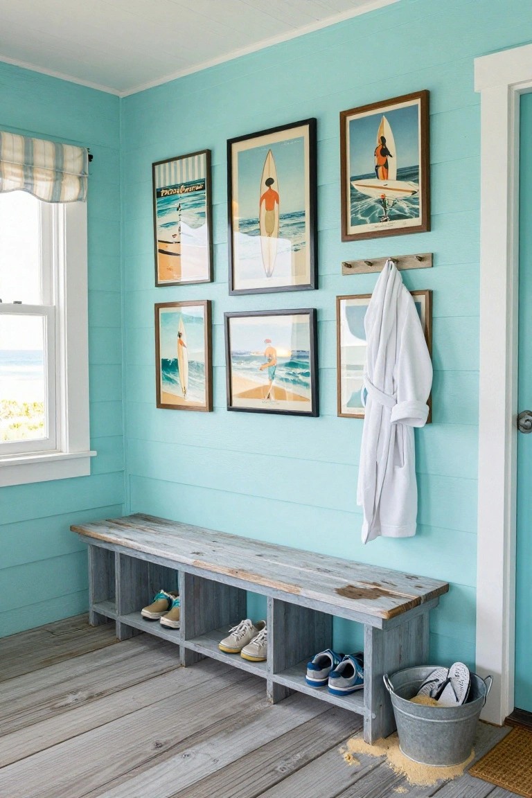 A light blue coastal entryway shows a weathered gray wooden bench with open cubbies holding shoes, a gallery wall of framed surf prints above it, and a white bathrobe hanging from hooks on the wall.