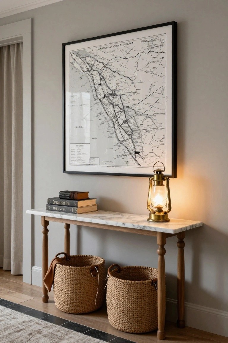 Framed map above marble-topped console table with books, lit lantern, and woven baskets