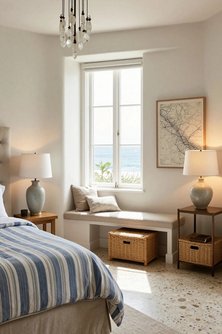A coastal bedroom with a built-in bench seat under a large window, two lamps on side tables, woven storage baskets, and a bed with blue striped bedding.