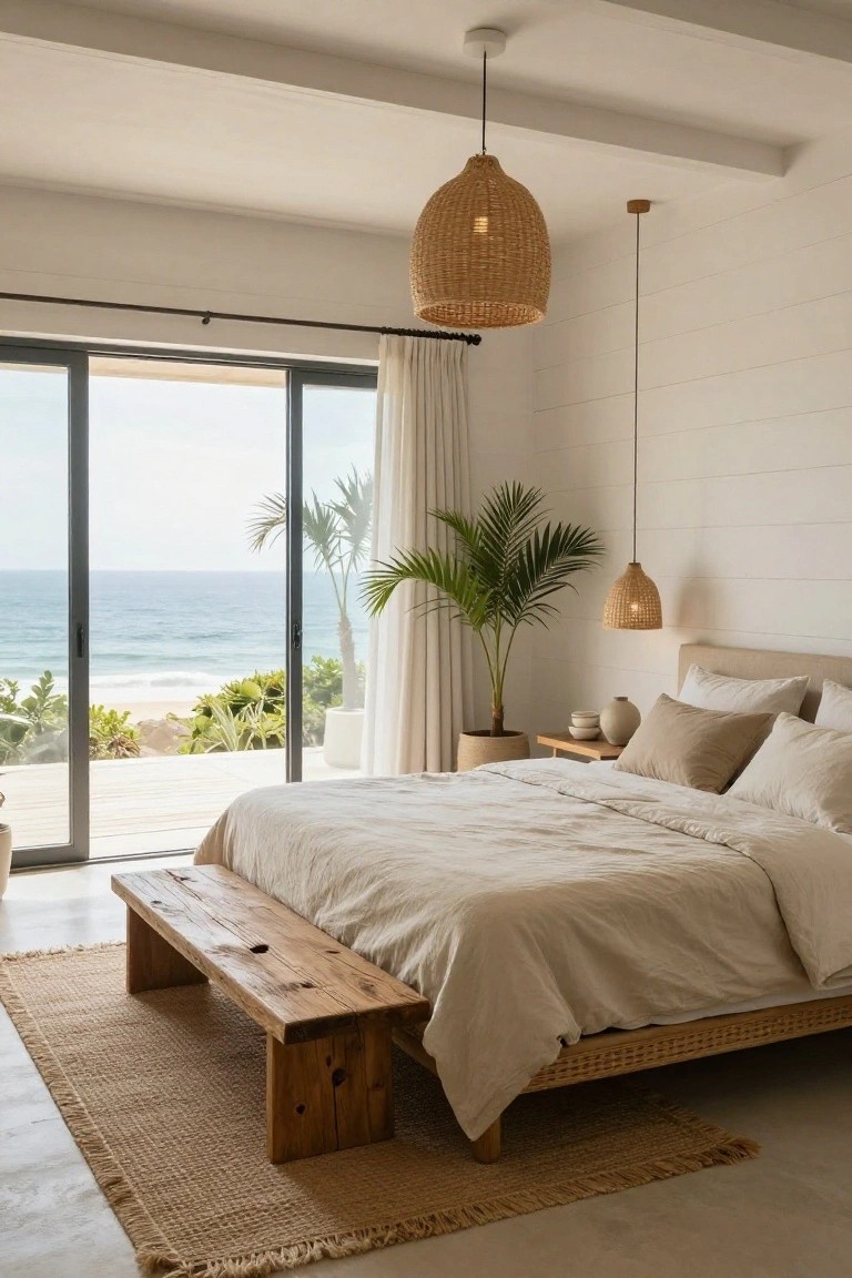 A coastal bedroom with a large bed dressed in neutral linens, a rustic wooden bench on a jute rug, and sliding glass doors leading to an ocean view.