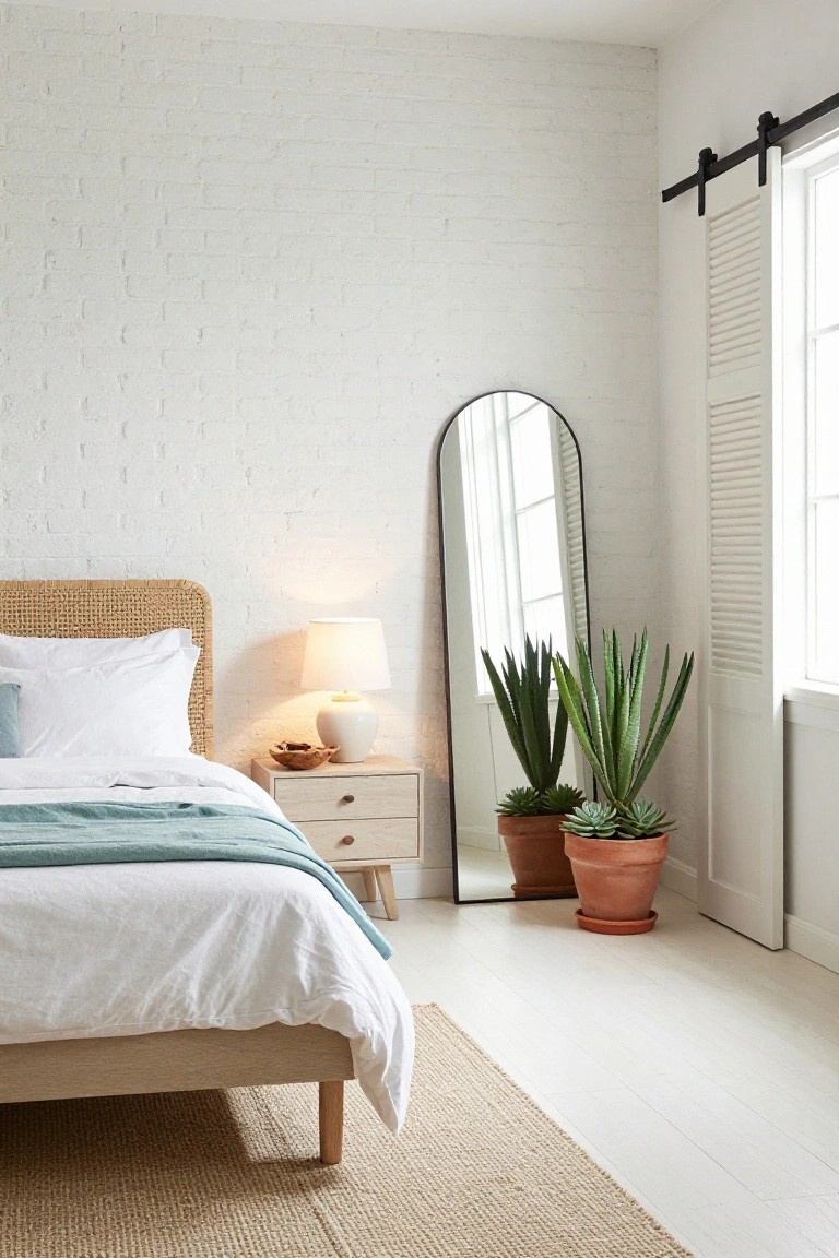 A bright bedroom with a woven headboard bed, wooden nightstand, tall arched mirror, and potted plants against a white brick wall.