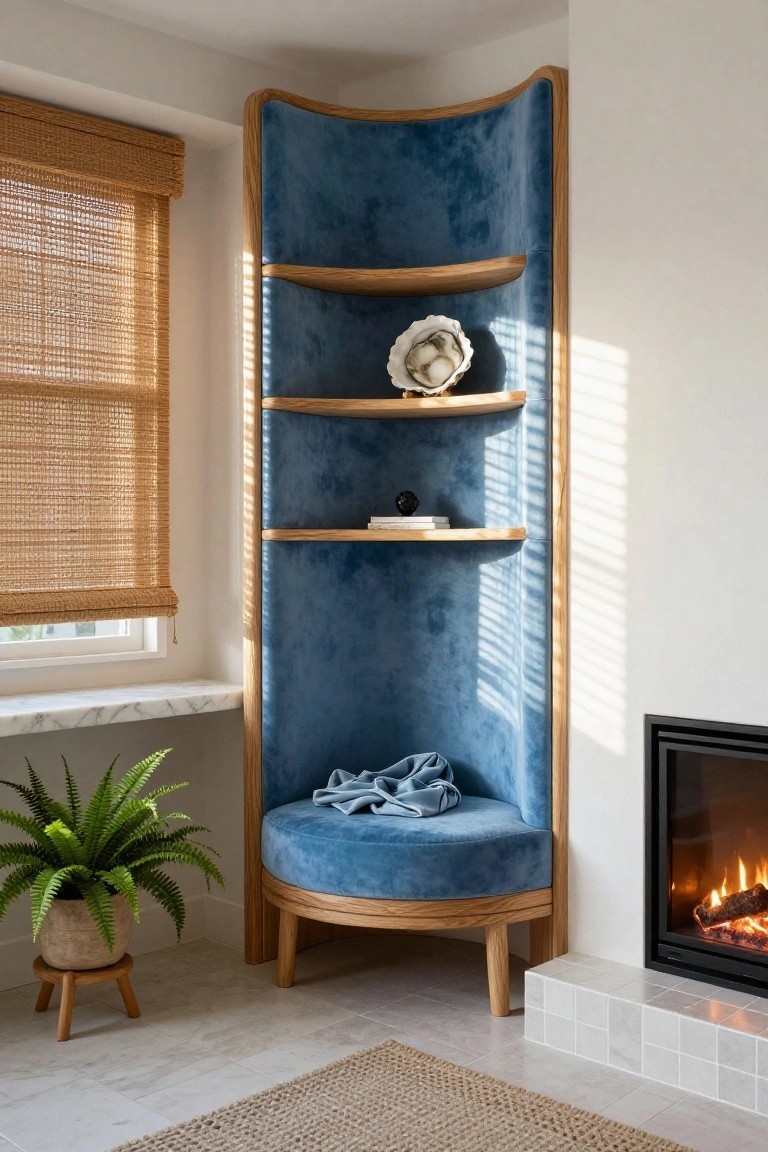 Blue velvet corner nook with wooden shelves, seashell, fern, and fireplace