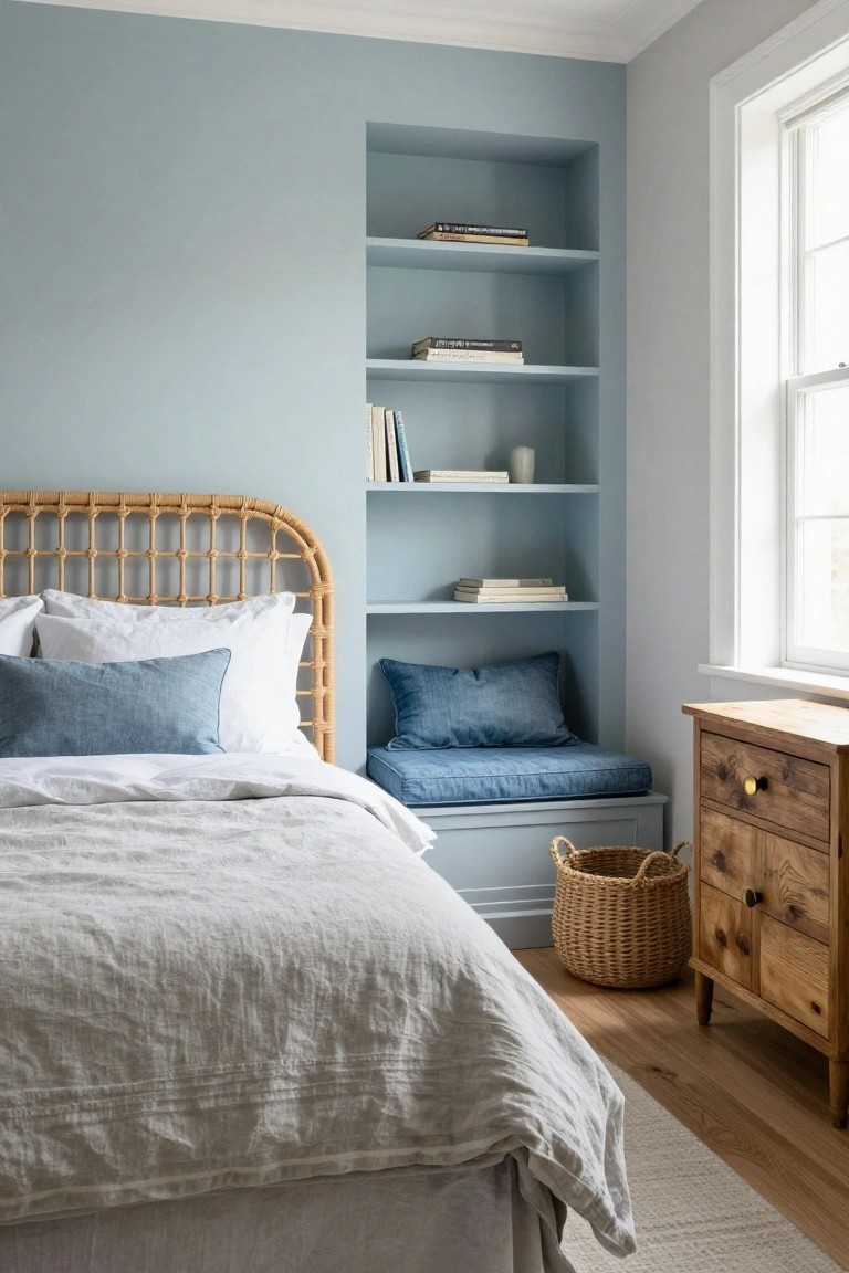 A bedroom with a rattan headboard bed beside recessed blue shelves holding books and a blue cushioned seat below them.