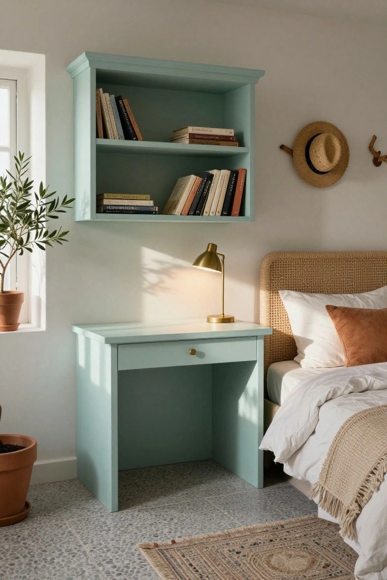 A light blue desk with a matching wall shelf above it holding books, placed next to a bed with a woven headboard in a bedroom setting.