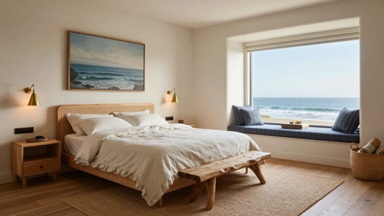 20 Chic Modern Coastal Bedroom Ideas for a Calm and Serene Retreat A bright coastal bedroom featuring a wooden bed with a woven headboard, white bedding, a wooden bench at the foot of the bed, and an arched window with a window seat overlooking the ocean.