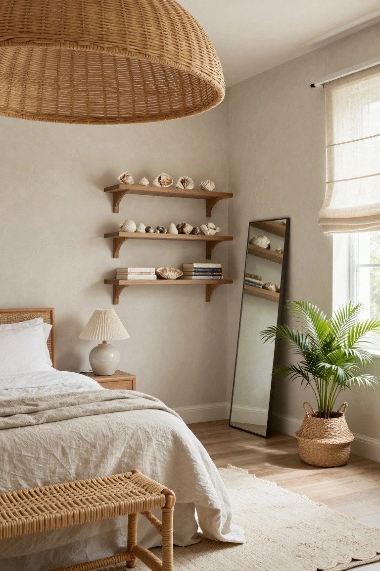 A bedroom corner with three floating wooden shelves holding shells and books, a bed with white bedding below, a tall leaning mirror, and a potted palm near the window.