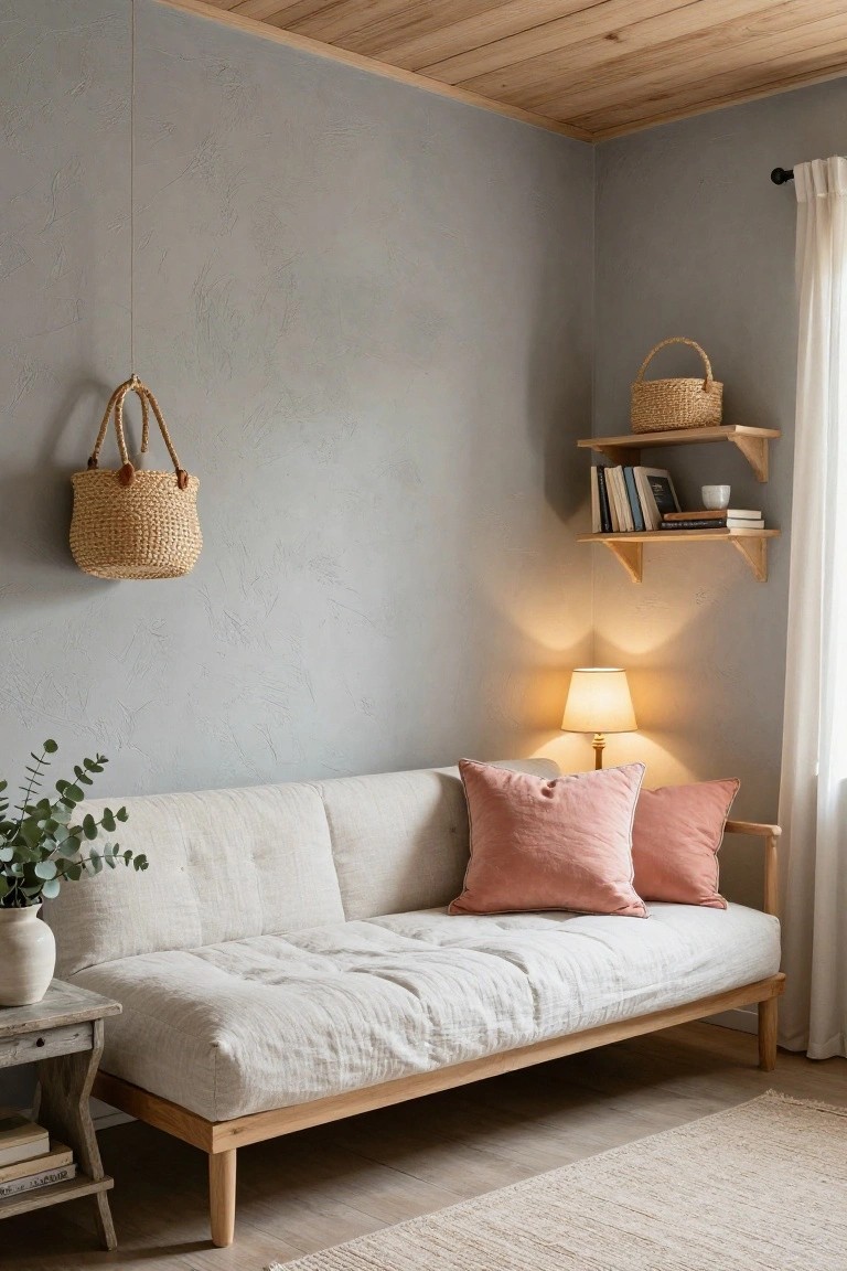 A light wood sofa with white and pink cushions sits against a gray textured wall, with floating wooden shelves holding books and a basket above a lit table lamp.