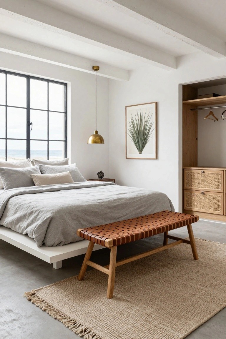 A bright bedroom with a low white platform bed dressed in gray linen, a brown woven leather bench at the foot, a large jute rug, and an open wood closet with woven drawer fronts.