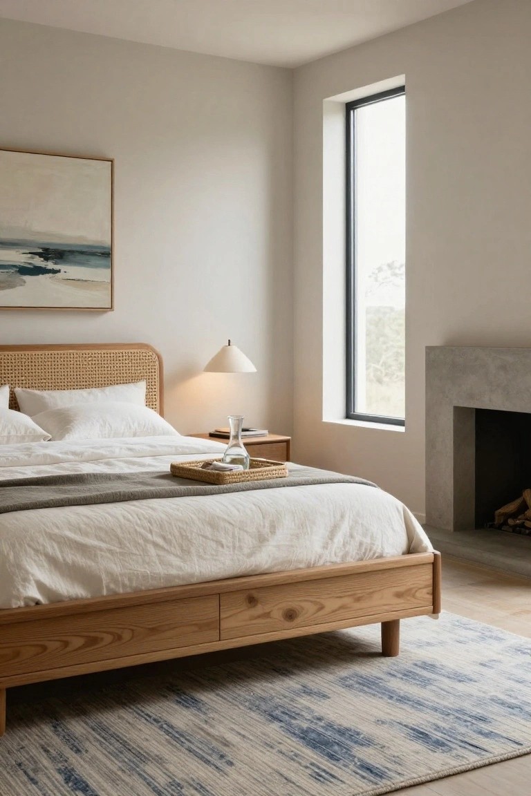 A bedroom with a light wood bed frame, woven cane headboard, white bedding, and a concrete fireplace next to a tall window.