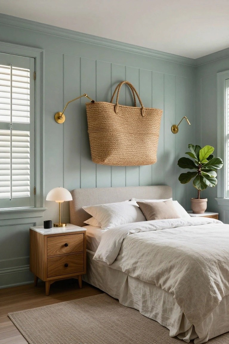 Bedroom with hanging woven basket on sage green paneled wall above neutral bed