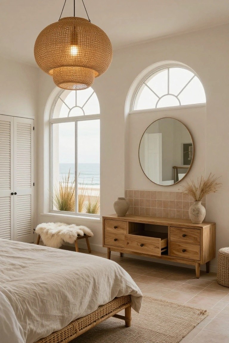 A coastal bedroom featuring a wicker bed frame, light wood console, large woven pendant light, arched windows with an ocean view, and a round wall mirror.