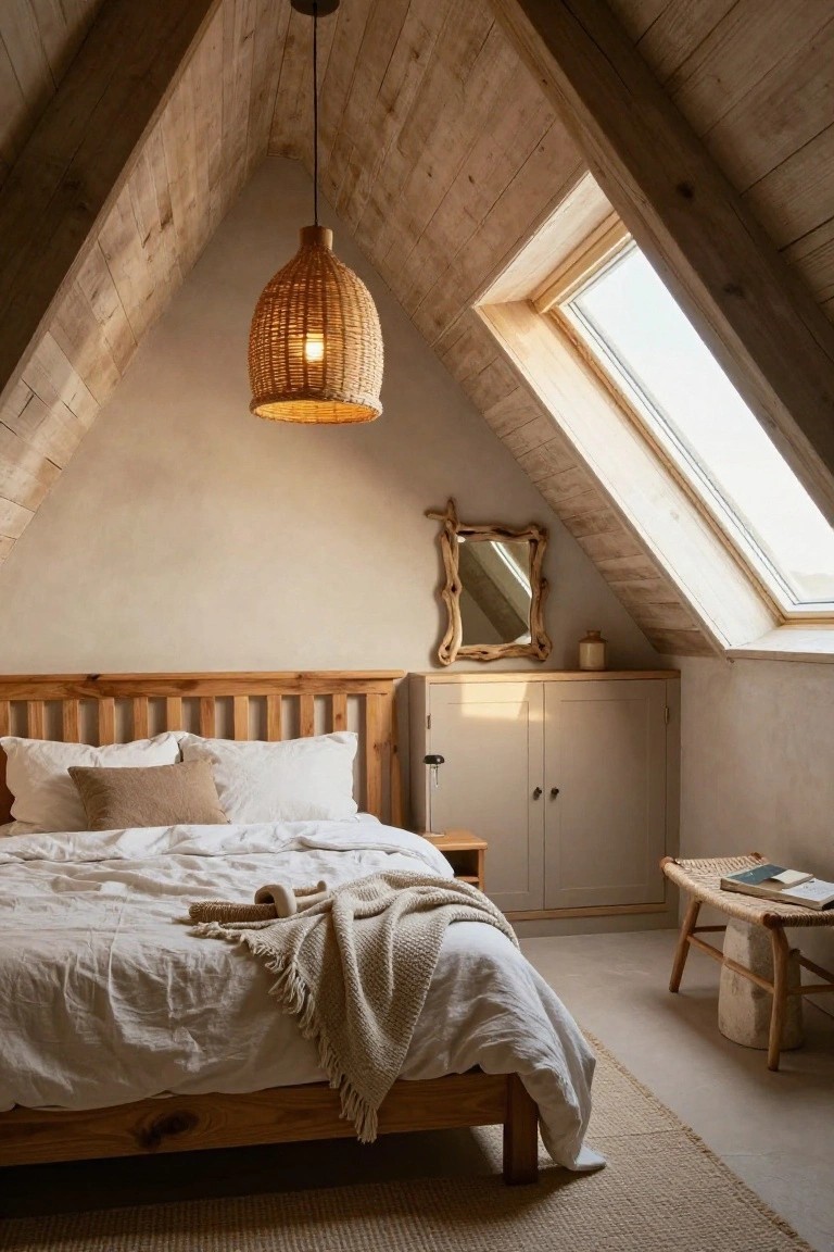 An attic bedroom with a wooden bed frame, white linens, a woven pendant light, and a skylight under exposed wood beams.