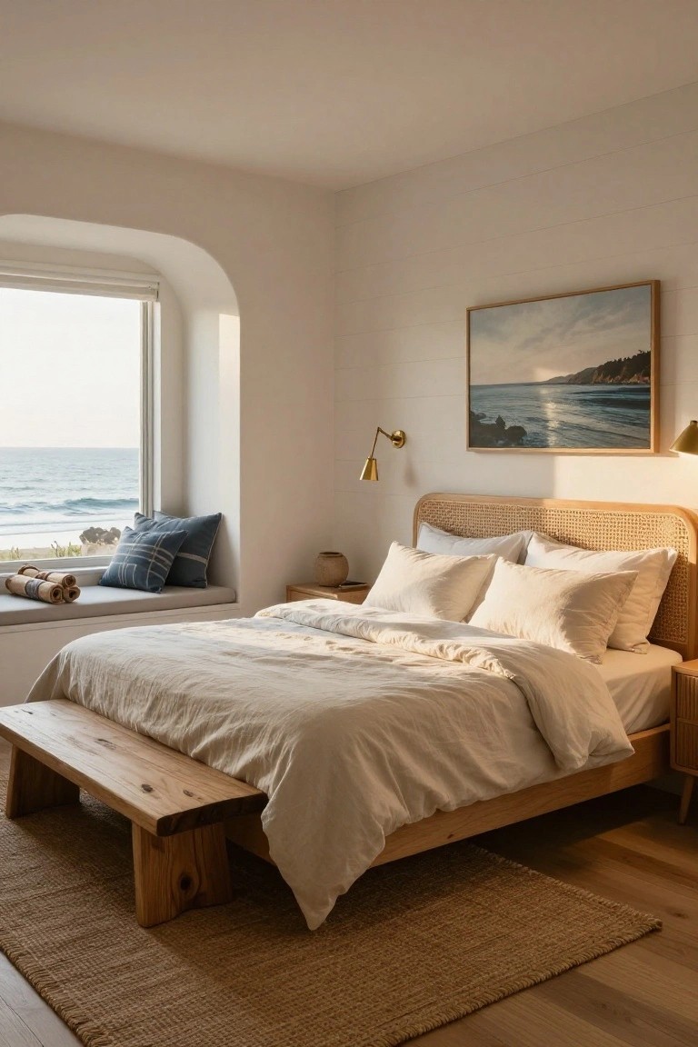 A bright coastal bedroom featuring a wooden bed with a woven headboard, white bedding, a wooden bench at the foot of the bed, and an arched window with a window seat overlooking the ocean.