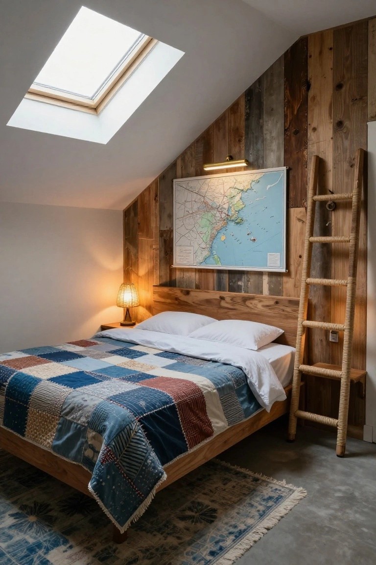 A bedroom featuring a wooden bed with a patchwork quilt, white pillows, a large map on a reclaimed wood wall, a rope ladder, and a skylight above.