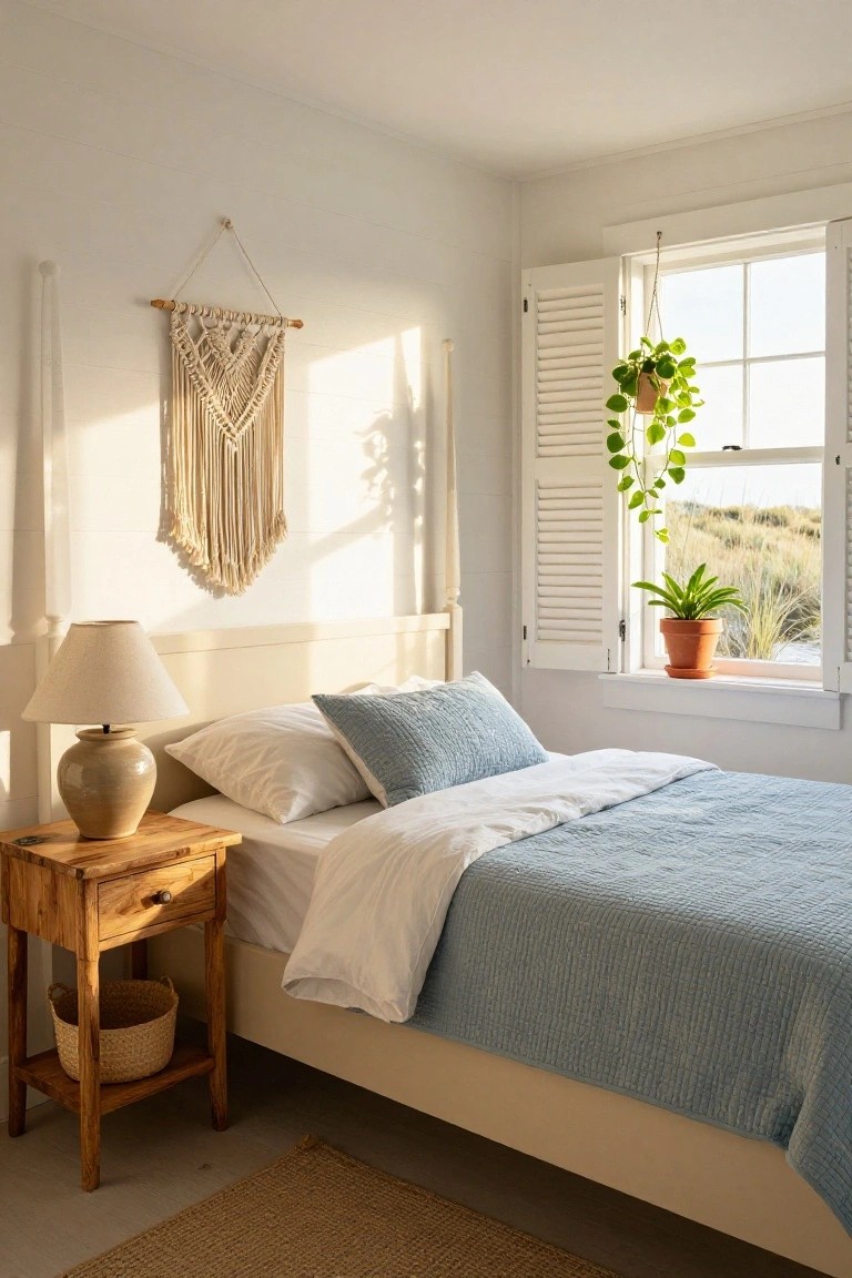 A bedroom featuring a bed with a light blue quilt and white bedding, a wooden nightstand, a macrame wall hanging, and a window with open shutters and potted plants.