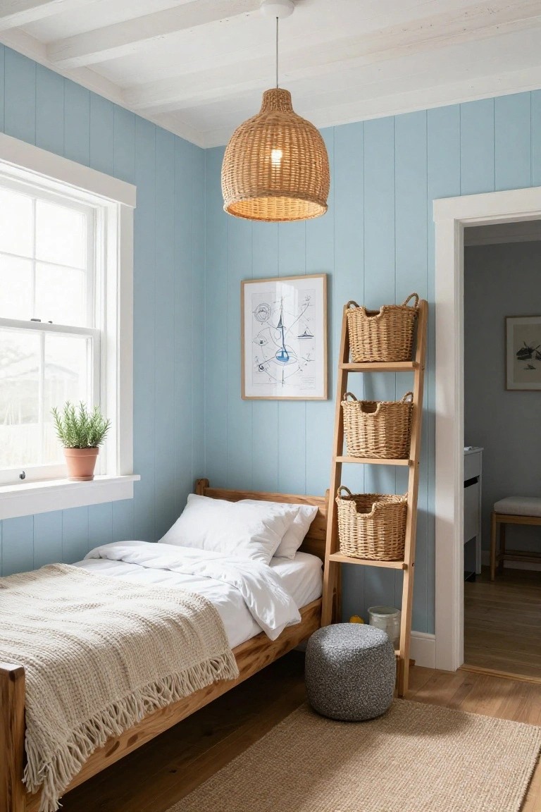 A bedroom with light blue walls, a wooden bed with white bedding, a woven pendant light, and a ladder holding woven baskets.