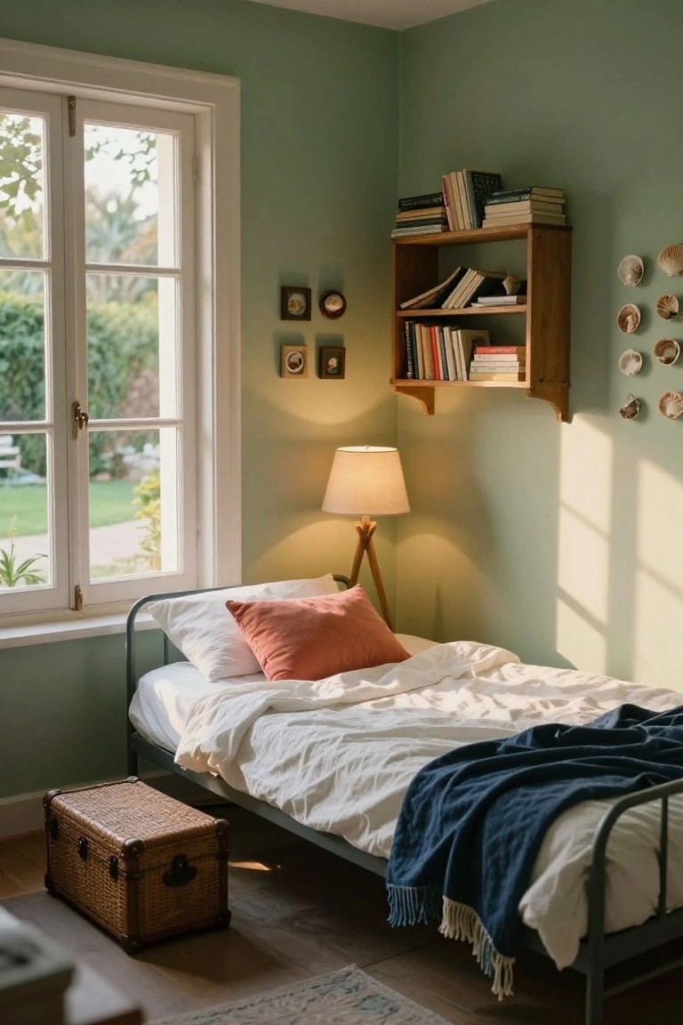A bedroom with sage green walls, a metal bed with white bedding and a blue throw, a wooden wall shelf holding books, seashells on the wall, and a window with a view of greenery.