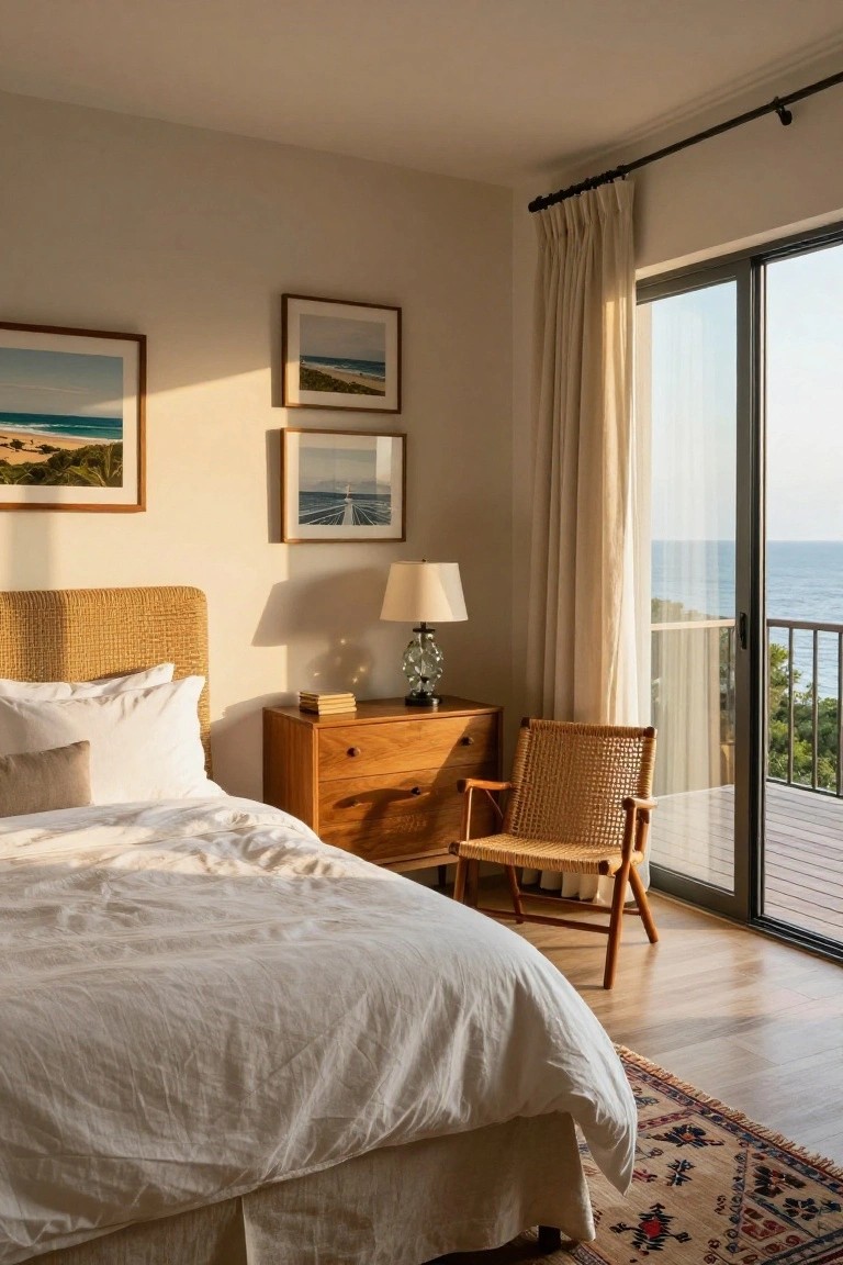 A bedroom with white bedding, a woven headboard, a wooden dresser, a rattan chair, and a large window showing an ocean view.