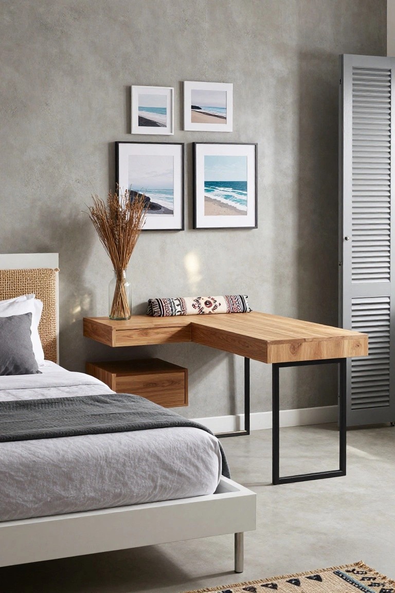 A modern bedroom with a white bed on the left and a wooden wall-mounted L-shaped desk on the right, accompanied by ocean prints on a gray wall.
