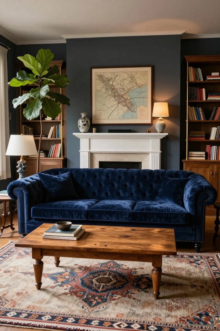 A blue velvet tufted Chesterfield sofa sits in front of a white fireplace mantel with a framed map above it, flanked by wooden bookshelves and a large potted plant.
