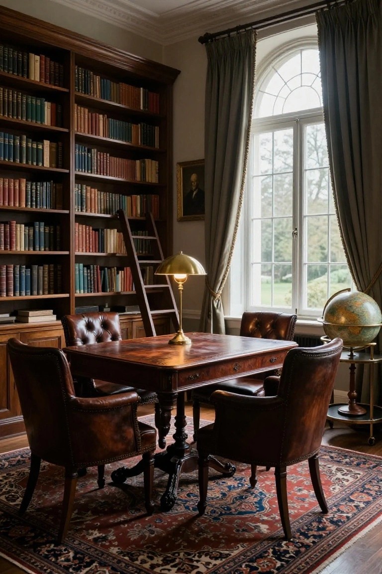 A wooden desk with four brown leather chairs in a room lined with built-in bookshelves and a large window.