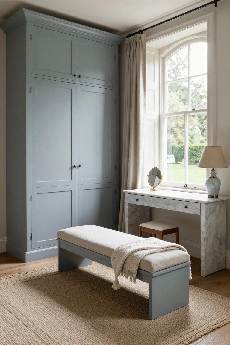 A bedroom corner features a tall gray painted wardrobe beside a marble vanity desk, with a long upholstered bench positioned on a woven rug in front of a large window.