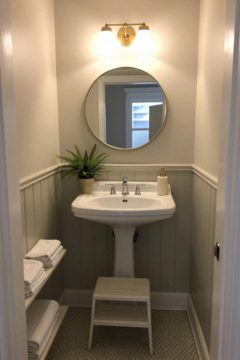 A narrow bathroom with a white pedestal sink, round mirror, wall sconce, and a white step stool placed directly in front of the sink on a tiled floor.