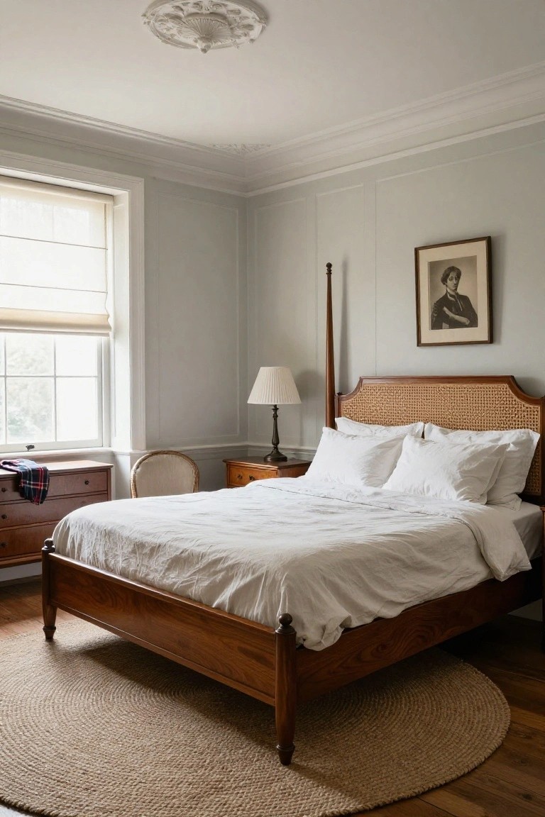 A bedroom with a dark wood bed frame featuring a cane headboard, white bedding, a round woven rug, and a nightstand with a lamp.