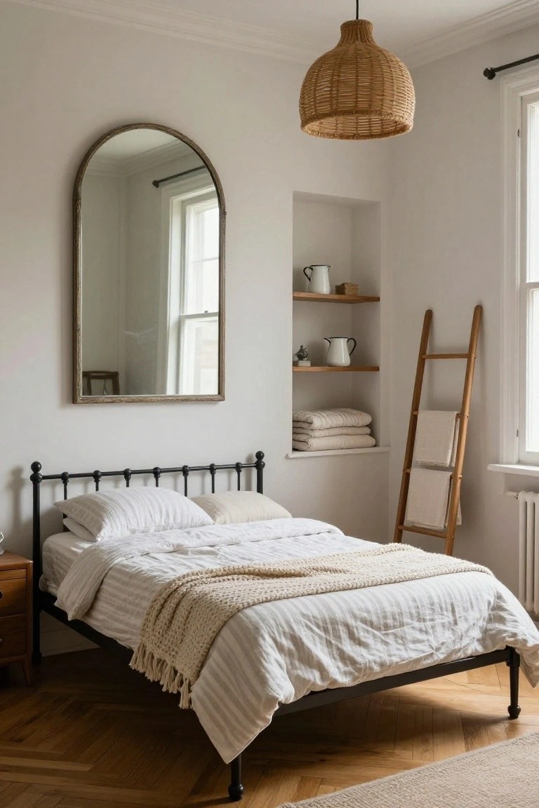 A bedroom with a black metal bed frame dressed in white bedding, an arched mirror on the wall, and a built-in niche with shelves holding towels and pitchers.
