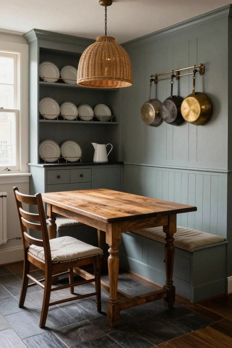 A wooden dining table with turned legs sits between a bench and wooden chair in a room with gray built-in cabinetry and open shelving.