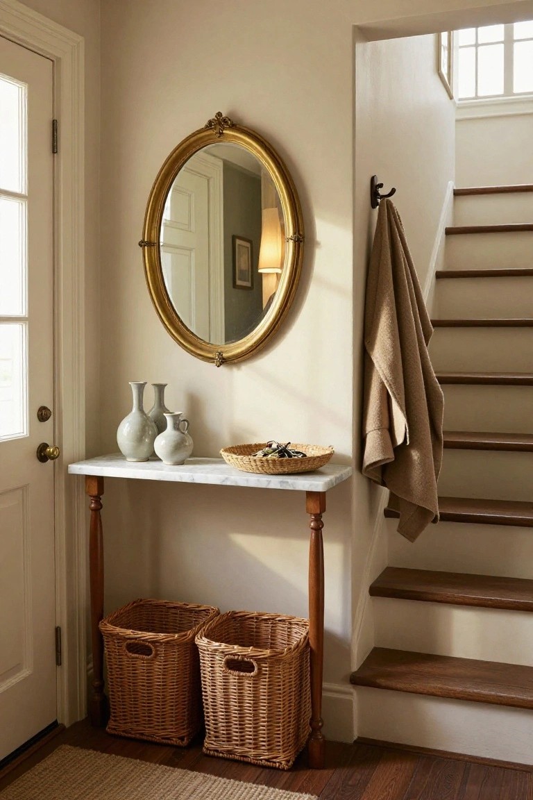 An oval gold framed mirror hangs above a marble topped console table with wooden turned legs, two white vases, a woven basket on top, and two large wicker baskets stored underneath near a staircase.