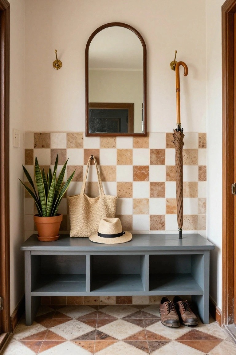 A gray entry bench with cubby storage sits under an arched mirror against a tiled wall, with a potted plant, tote bag, hat, umbrella, and pair of shoes visible.