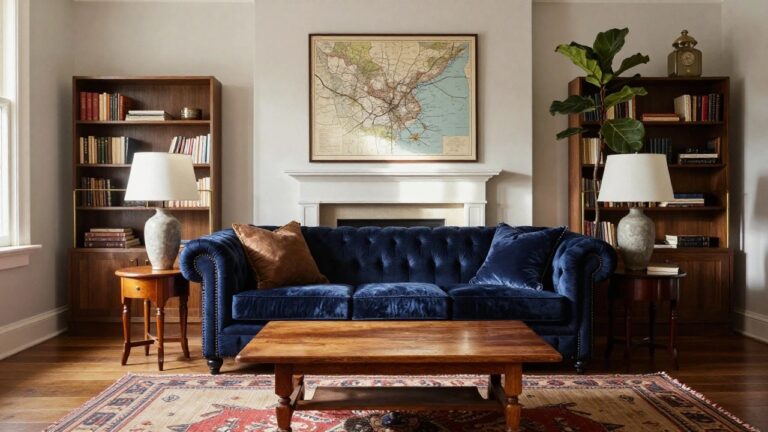 A blue velvet tufted Chesterfield sofa sits in front of a white fireplace mantel with a framed map above it, flanked by wooden bookshelves and a large potted plant.