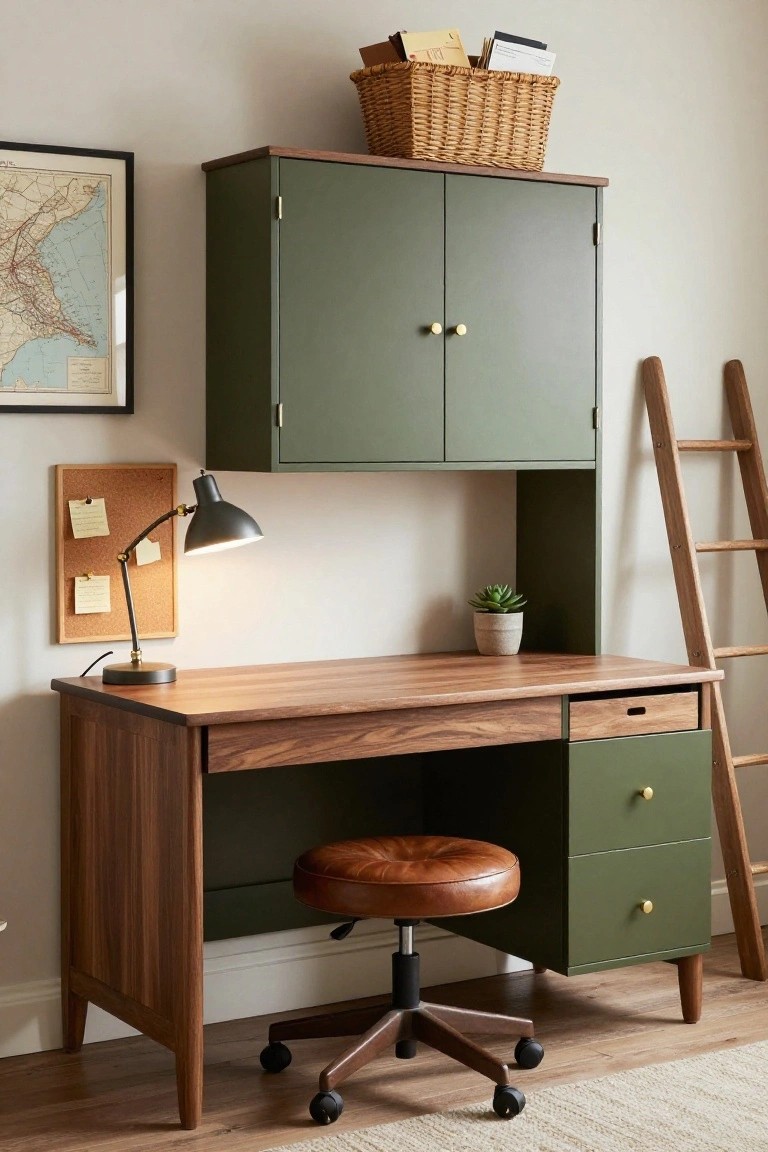 A wooden desk sits below green overhead cabinets with a brown stool underneath and a lit desk lamp on the left side.