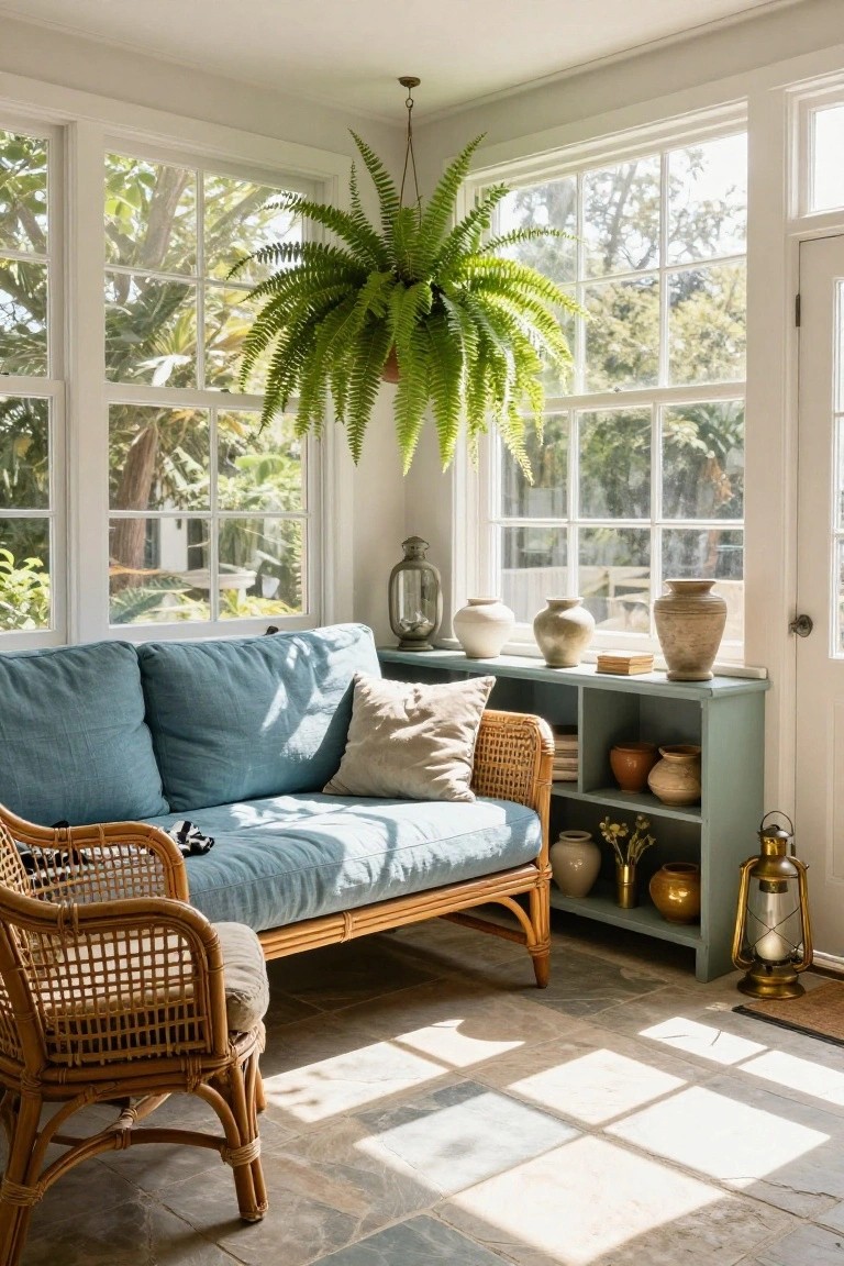 A sunroom with a rattan sofa and chair upholstered in blue fabric, a hanging fern, and pottery displayed on a light blue console table in front of large windows.