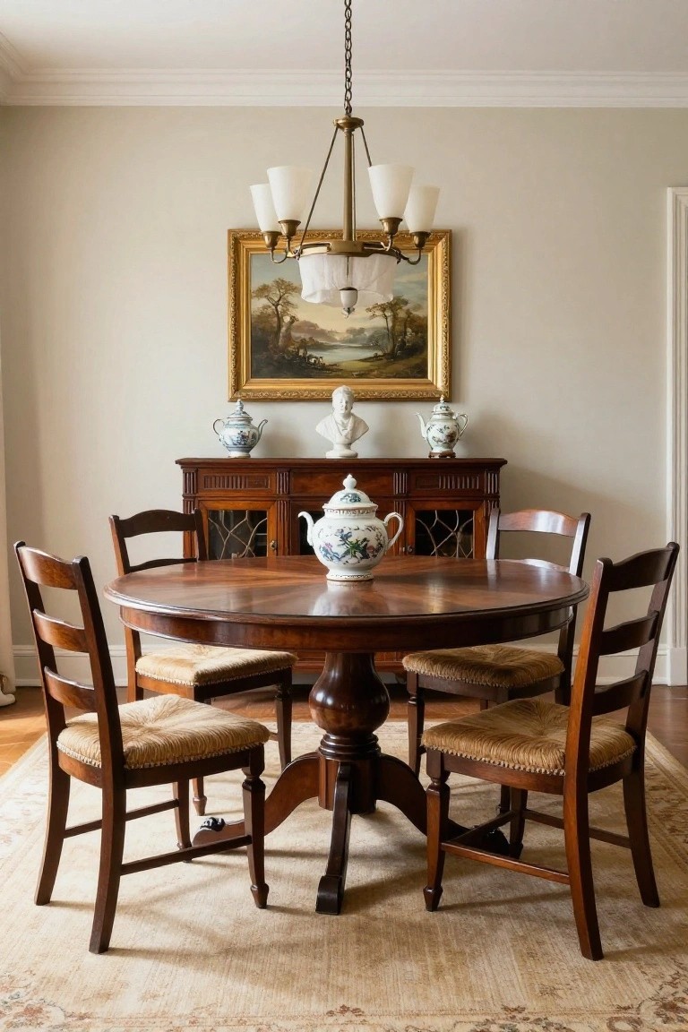 A round wooden dining table with six chairs is positioned on a rug beneath a chandelier, with a wooden sideboard and landscape painting visible behind it.