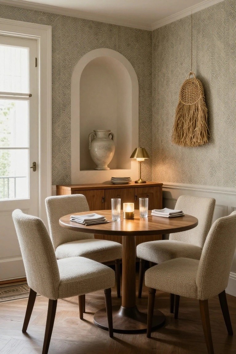 A round wooden dining table with a pedestal base and four upholstered chairs in a room with patterned wallpaper, an arched niche, and a wooden sideboard.