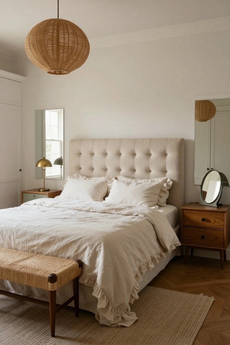 Minimalist bedroom with tufted headboard, linen bedding, woven pendant light, and wooden nightstands