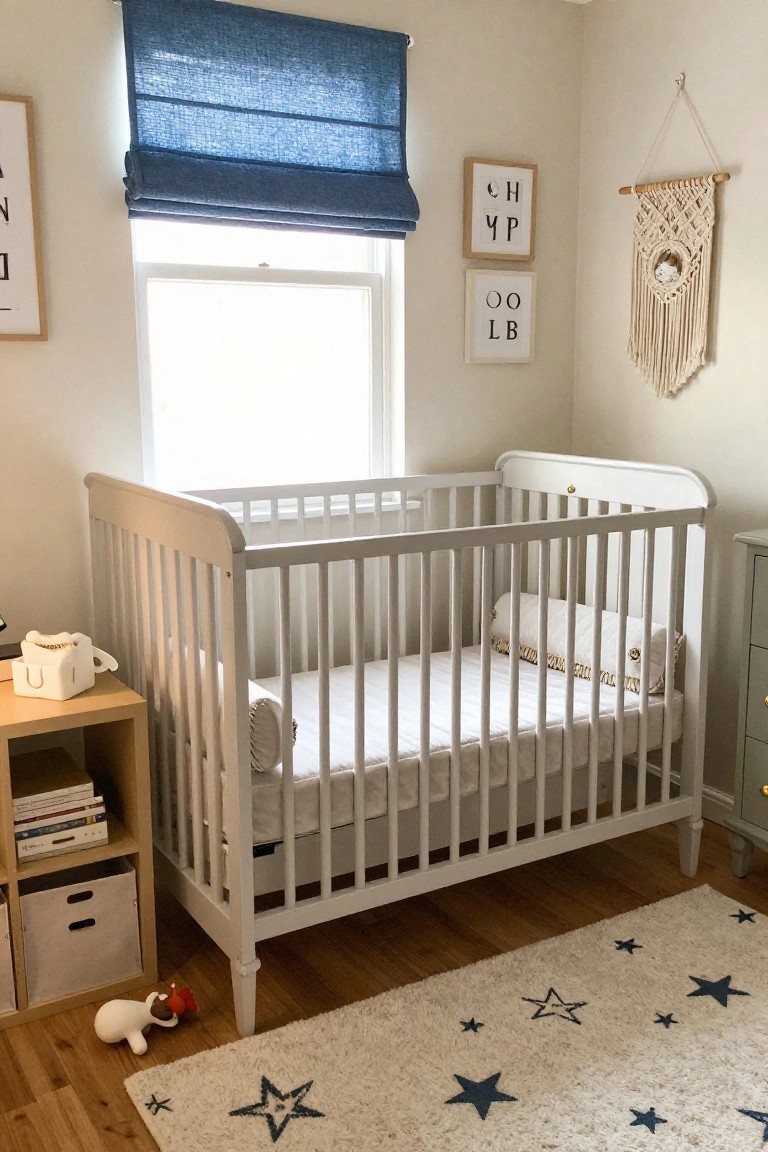 A white wooden crib stands on hardwood flooring beside a window with a blue roman shade, with a white fluffy rug patterned with navy stars in front.