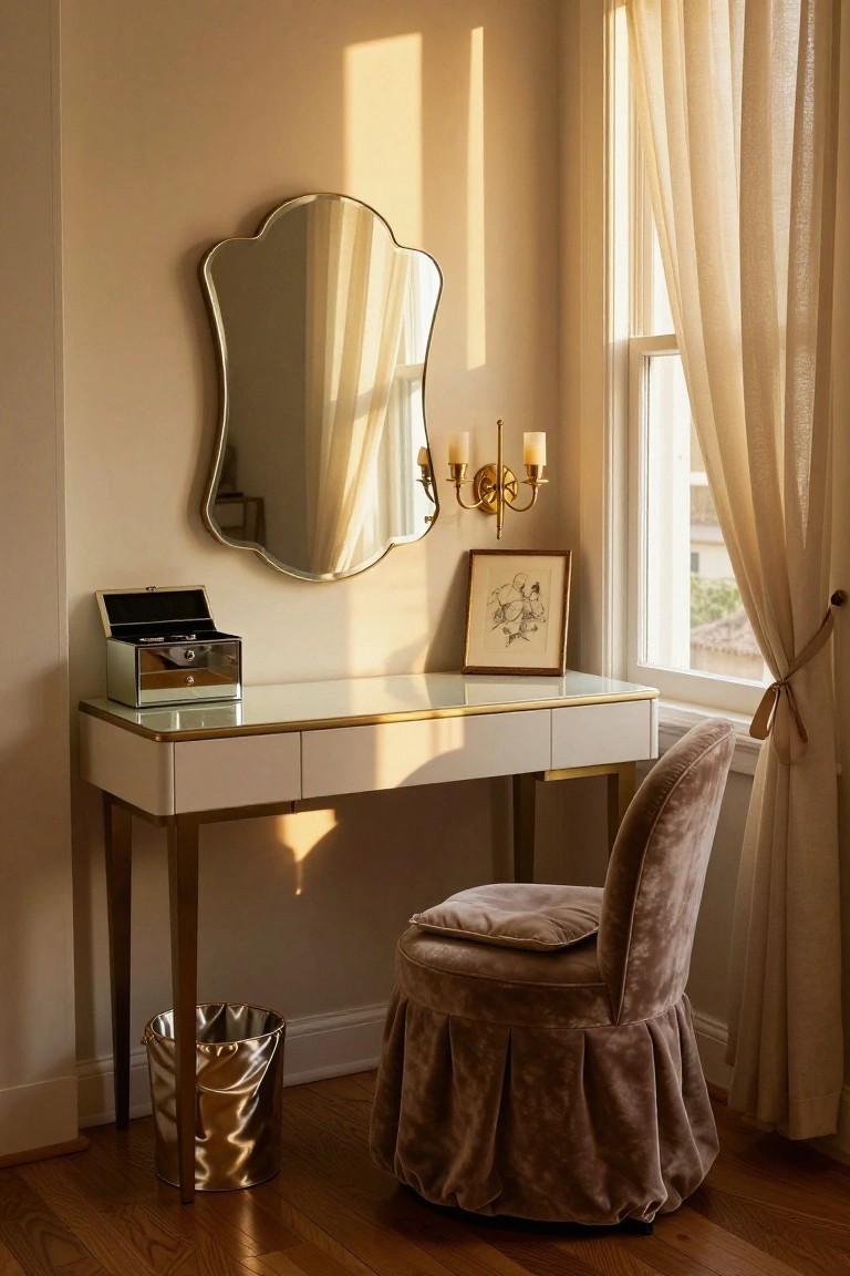 A white vanity desk with gold trim and an open jewelry box sits under a scalloped wall mirror next to a window, with a brown velvet chair in front.