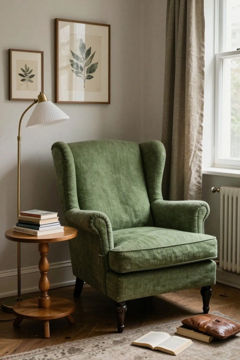A green wingback armchair with a floor lamp and stack of books on a wooden side table in a room with framed botanical prints on the wall.