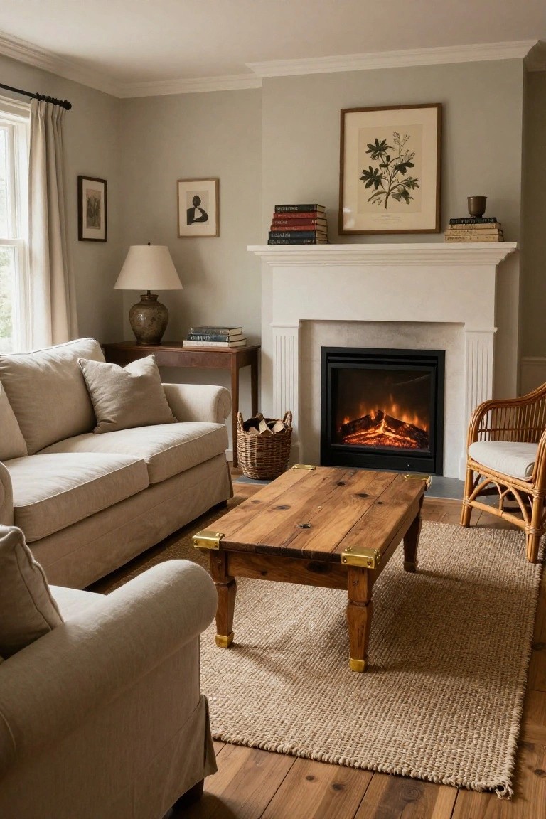 A living room with a wooden coffee table on a woven rug in front of a white fireplace, flanked by a beige sofa and a rattan chair.
