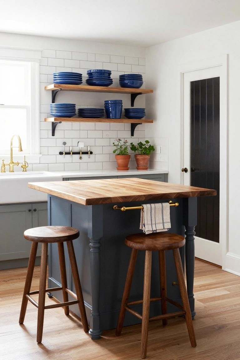 A kitchen interior showing a blue island with a wooden top, two wooden stools, open wooden shelves holding blue dishes, and a white farmhouse sink.