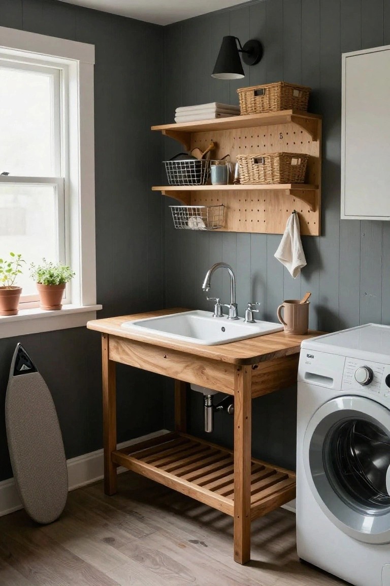 A wooden table with an integrated white sink sits in a gray-walled laundry room next to a washing machine, with shelves and a pegboard above.