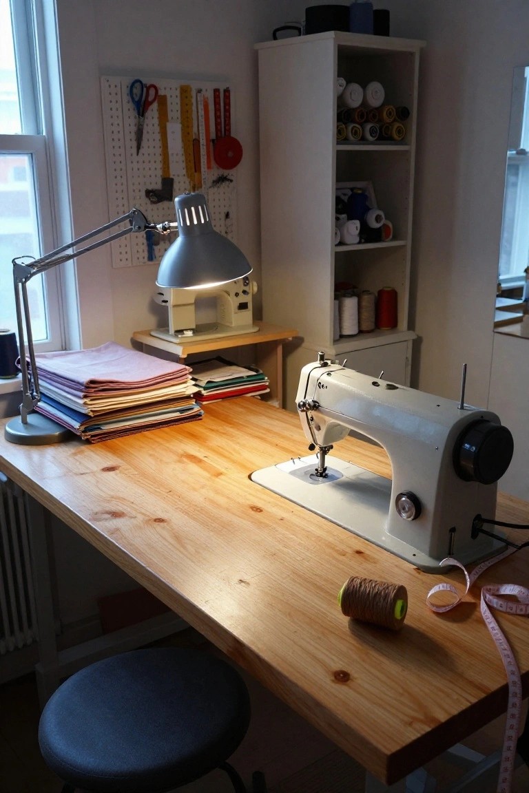 A white sewing machine rests on a wooden work table beside stacks of fabric, with a pegboard of tools on the wall and shelves holding thread spools in the background.
