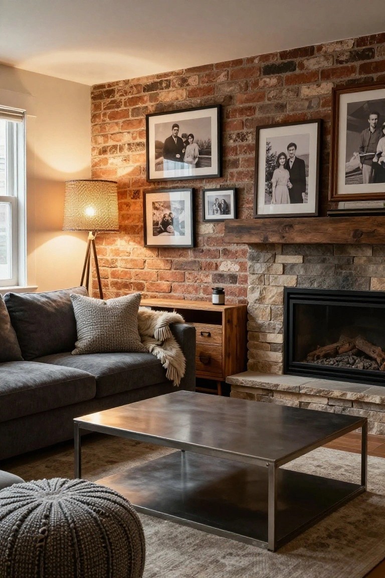 A living room with a gray sofa, metal coffee table, wooden console, and a red brick wall displaying multiple black and white framed photographs above a stone fireplace.