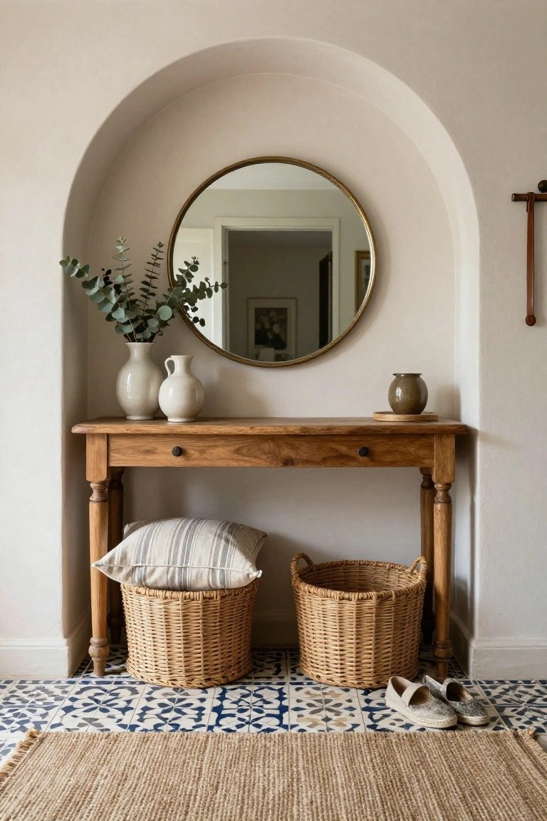 A wooden console table stands in an arched wall niche with a round mirror above it, two ceramic vases on top, and two woven baskets on the tiled floor below.
