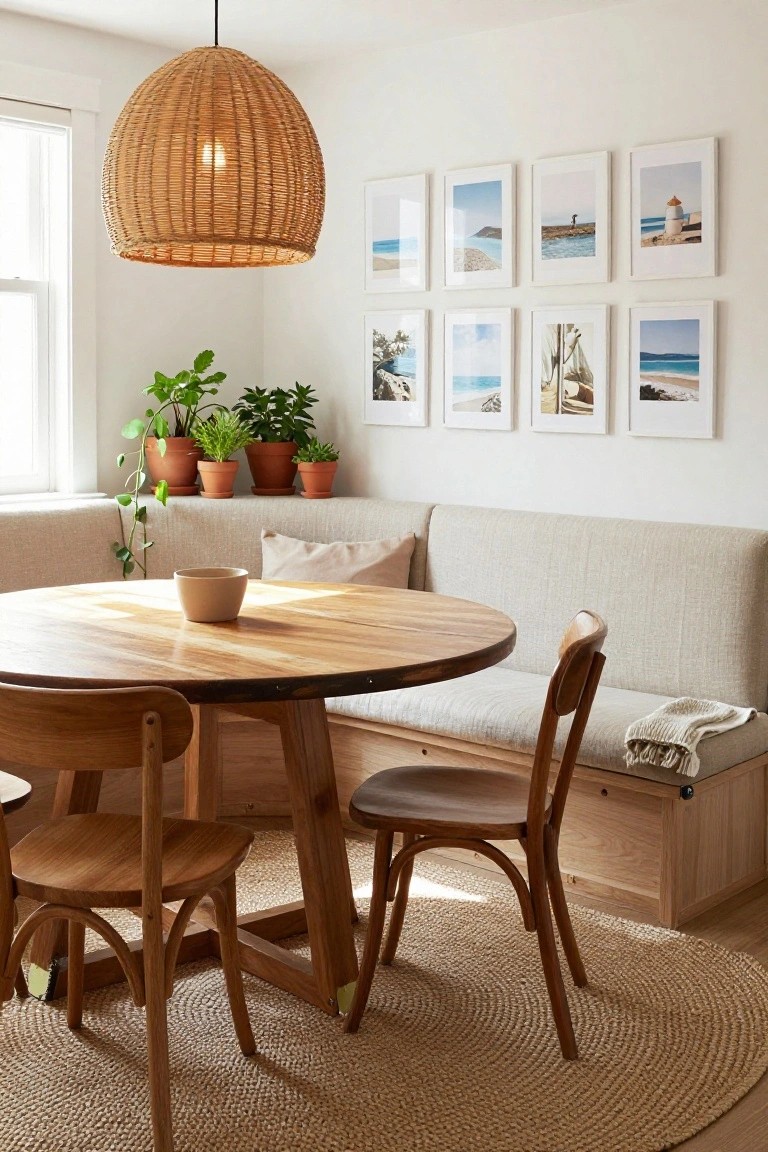 Round wooden table in dining nook with coastal gallery wall and woven pendant light
